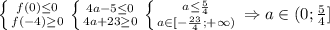 \left \{ {{f(0)}\leq 0\atop {f(-4)}\geq 0} \right. \left \{ {{4a-5\leq 0} \atop {4a+23\geq0} } \right. \left \{ {{a\leq\frac{5}{4}} \atop {a\in[-\frac{23}{4}; +\infty)}} \right. \Rightarrow a\in (0; \frac{5}{4}]