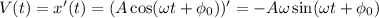 V(t)=x'(t) = (A\cos(\omega t + \phi_0))' = -A\omega\sin(\omega t + \phi_0)