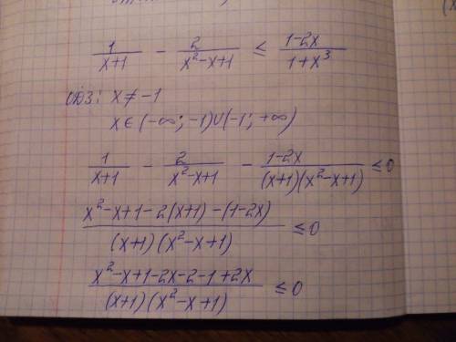 Решите неравенство 1/(x+1)-2/(x^2-x+1)< =(1-2x)/(1+x^3)