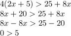 4(2x + 5) 25 + 8x \\ 8x + 20 25 + 8x \\ 8x - 8x 25 - 20 \\ 0 5