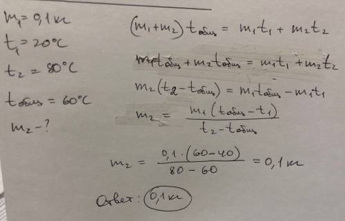 4. в стакане было 100 г воды при температуре 20 °с. в него долили воду при температуре 80 °c. темпер