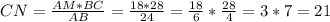 CN=\frac{AM*BC}{AB} =\frac{18*28}{24}= \frac{18}{6} *\frac{28}{4}=3*7=21