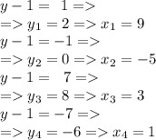 y-1= \: \: 1 = \\ = y_1= 2 = x_1 = 9 \\ y-1=-1 = \\ = y_2= 0 = x_2 = - 5 \\ y-1= \: \: \: 7 = \\ = y _3 = 8 = x_3 = 3 \\ y-1=-7 = \\ = y_4= - 6 = x_4 = 1