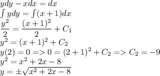 ydy-xdx=dx\\ \int ydy=\int (x+1)dx\\ \dfrac{y^2}{2}=\dfrac{(x+1)^2}{2}+C_1\\ y^2=(x+1)^2+C_2\\ y(2)=0=0=(2+1)^2+C_2=C_2=-9\\ y^2=x^2+2x-8\\ y=\pm\sqrt{x^2+2x-8}