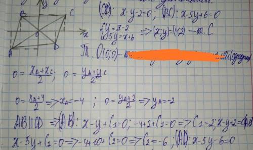 Две стороны параллелограмма заданы уравнениями: x-5y+6=0, x-y-2=0. диагонали его пересекаются в нача