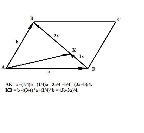 Abcd параллелограмм dk: kb= 1: 3 выразите векторы ak и kb через векторы ad=a и ab=b