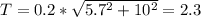 T=0.2*\sqrt{5.7^2+10^2} =2.3