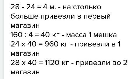 Один магазин 24 мешка картофеля а в другой 28 школа второй магазин на 160 кг больше чем 1 полка под