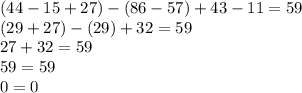 (44 - 15 + 27) - (86 - 57 ) + 43 - 11 = 59 \\ (29 + 27) - (29) + 32 = 59 \\ 27 + 32 = 59 \\ 59 = 59 \\ 0 = 0