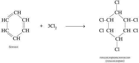 Бензол при взаємодії з хлором на світлі утворює