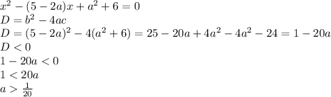 x^2 - (5-2a)x+a^2+6 = 0\\D = b^2-4ac\\D = (5-2a)^2 - 4(a^2+6) = 25 - 20a +4a^2-4a^2-24 = 1-20a\\D < 0\\1-20a < 0\\1 < 20a\\a \frac1{20}