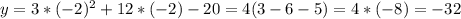 y=3*(-2)^{2}+12*(-2)-20=4(3-6-5)=4*(-8)=-32