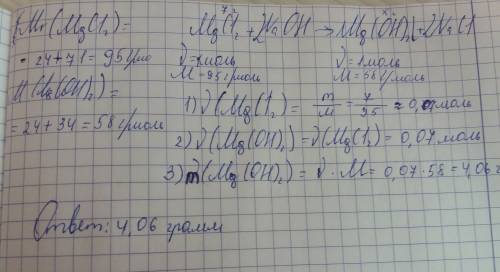 Какая масса осадка получится при взаимодействии 7.0г хлорида магния с гидроксидом натрия?