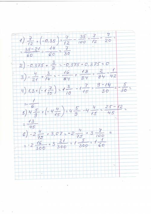 Найдите значение выражения: 1) 7/12+( - 0,35); 2) -0,375+3/8; 3) - 4/21+3/14; 4) 1,3+(-1 7/15); 5) 4