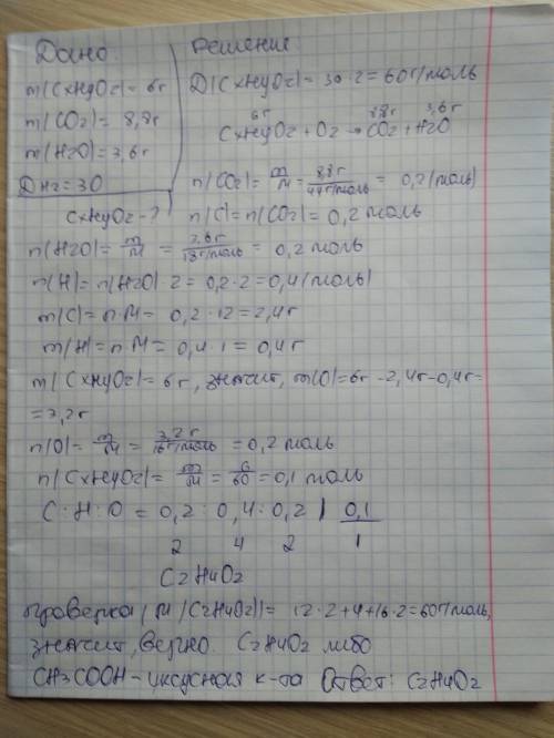 При спалюванні 6 г органічної речовини утворилося 8,8г вуглекислого газу і 3,6г води. відносна густи