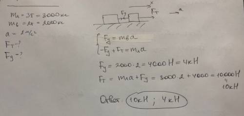 Локомотив массой 3т тянет вагон массой 2 т с ускорением 2 м/c в квадрате. определите силу тяги локом