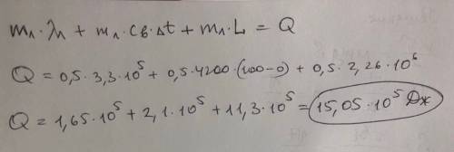 55 решите ! дано: m льда=500 г t1=0 градусов c λ=330 кдж/кг t2=100ос с воды=4200 дж/(кг•˚с) l=2260•1