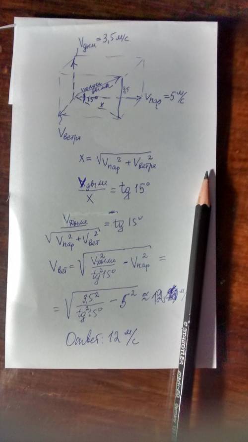 :пароплав плывёт на север со скоростью 5 м/c. дым поднимается со скоростью 3.5 м/с. определите скоро
