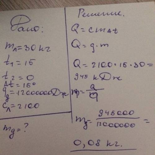 1.сколько дров нужно взять, чтобы расплавить лед массой 30 кг взятый при 15 °с мороза? 2.какая энерг