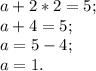 a + 2*2 = 5;\\a + 4 = 5;\\a = 5 - 4;\\a = 1.