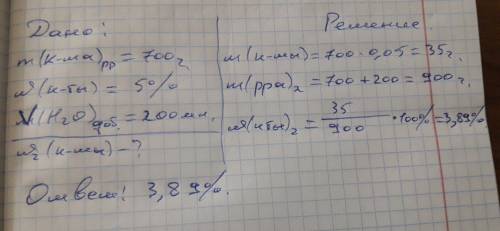 До 700г розчину з масовою часткою кислоти 5% додали 200мл води.яка масова частка нового розчину?