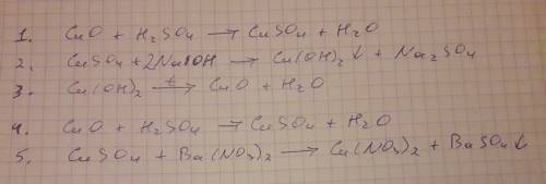 Осуществите следующие превращения: cuo - cuso4 - cu(oh)2 - cuo - cuso4 - baso4