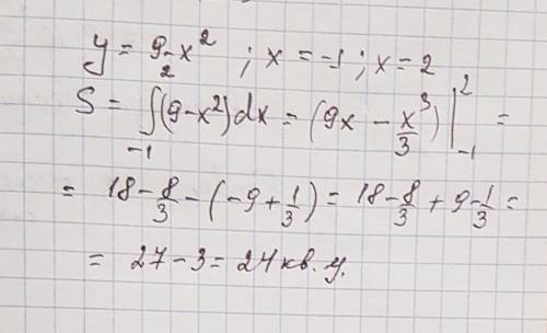 Найдите площадь фигуры, ограниченной линиями y=9-x2, x=-1, x=2