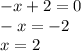 - x + 2 = 0 \\ - x = - 2 \\ x = 2