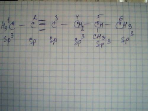 Укажите тип гибридизации атомов углерода в 5-метилгексин-2, начиная с левого крайнего в названии.