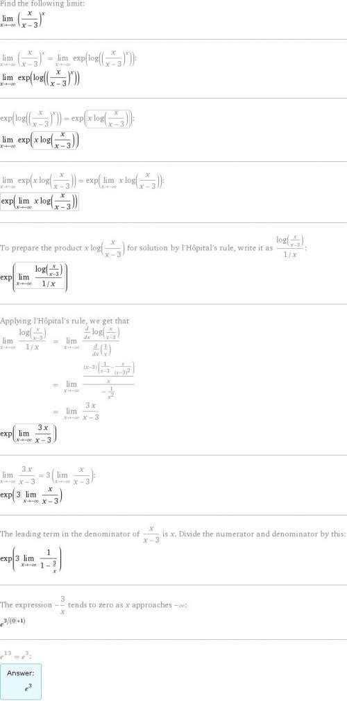 Вычислить пределы lim х²-5х³/х-2х²+6х³ x-∞ lim sin3х/х х-0 lim (х/х-3)в степени х х-∞