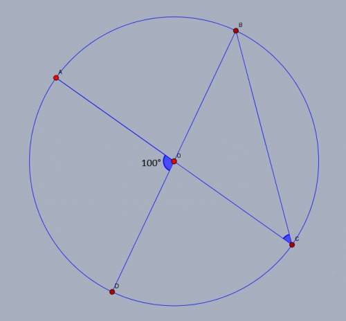 Вокружности с центром o ac и bd — диаметры. центральный угол aod равен 100°. найдите вписанный угол