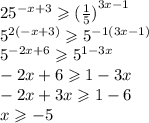 {25}^{ - x + 3} \geqslant { (\frac{1}{5}) }^{3x - 1} \\ {5}^{2( - x + 3)} \geqslant {5}^{ - 1(3x - 1)} \\ {5}^{ - 2x + 6} \geqslant {5}^{1 - 3x} \\ - 2x + 6 \geqslant 1 - 3x \\ - 2x + 3x \geqslant 1 - 6 \\ x \geqslant - 5 \\