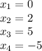 x_1 = 0 \\ x_2 = 2 \\ x_3 = 5 \\ x_4 = - 5