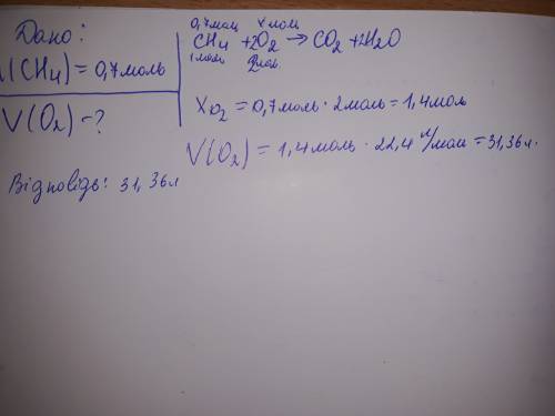 Метан кількістю речовини 0,7моль повністю згорів. обчисліть об'єм кисню, що витратився