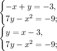 \begin {cases}-x + y = -3,\\7y - x^2 = -9;\end{cases}\\\begin {cases}y = x - 3,\\7y - x^2 = -9;\end{cases}