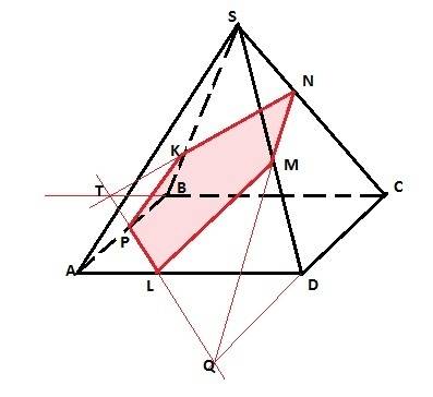 Изобразите 4-угольную пирамиду sabcd. на ребре sd отметьте точку m, на ребре sc - точку n, и на ребр