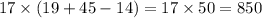 17 \times (19 + 45 - 14) = 17 \times 50 = 850