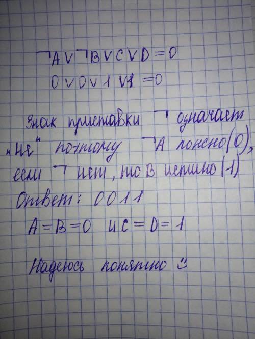 Можно плез с объяснениями? решите логическое уравнение ¬a ∨ ¬b ∨ c ∨ d = 0 запишите в ответе двоичны