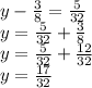 y - \frac{3}{8} = \frac{5}{32} \\y = \frac{5}{32} + \frac{3}{8}\\y = \frac{5}{32} + \frac{12}{32}\\y = \frac{17}{32}