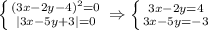 \left \{ {{(3x-2y-4)^2=0} \atop {|3x-5y+3|=0}} \right. \Rightarrow \left \{ {{3x-2y=4} \atop {3x-5y=-3}} \right.