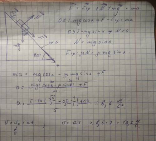 Тело массой 5кг под действием силы 10н движется с ускорением вниз по наклонной плоскости с углом нак