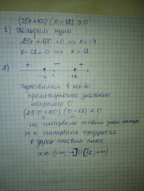 Решить методом интервалов неравенство. (9класс)(25x+100)(x-12)(знак больше или равно) 0