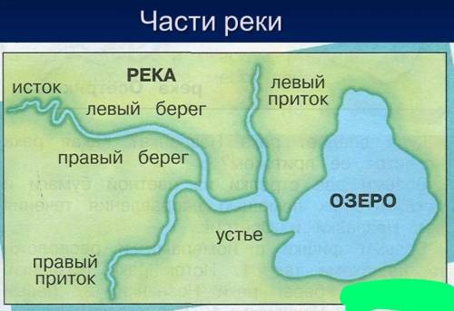 Подпиши: исток, устье, река, правый приток, левый приток, бассейн реки; прорисуй цветными карандашам