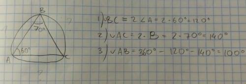 Вокруг ∆авс, в котором (угол)а = 60(градусам), (угол)в = 70(градусам), описан круг. найдите угловые