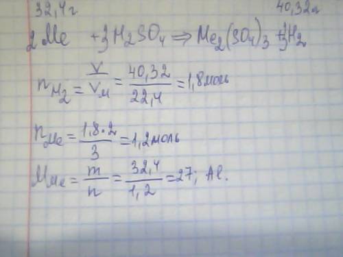 3-х валентный металл массой 32,4 г растворили в сульфатной кислоте. при этом выделился водород объём