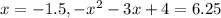 x=-1.5, -x^2-3x+4=6.25