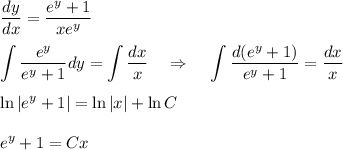 \dfrac{dy}{dx}=\dfrac{e^y+1}{xe^y}\\ \\ \displaystyle \int \dfrac{e^y}{e^y+1}dy=\int \dfrac{dx}{x}~~~\Rightarrow~~~ \int\dfrac{d(e^y+1)}{e^y+1}=\dfrac{dx}{x}\\ \\ \ln|e^y+1|=\ln|x|+\ln C\\ \\ e^y+1=Cx