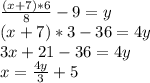 \frac{(x+7)*6}{8}-9=y\\( x+7)*3-36=4y\\3x+21-36=4y\\x=\frac{4y}{3} +5