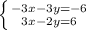 \left \{ {{-3x-3y=-6} \atop {3x-2y=6}} \right.