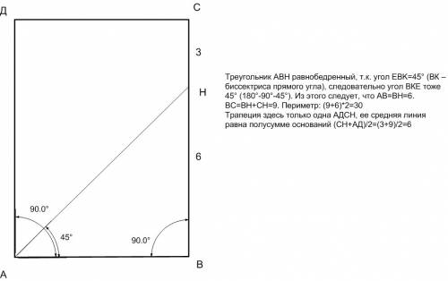 Впрямоугольнике авсд биссектриса ан угла а делит сторону вс на отрезки вн =6 см, нс = 3см. найдите п